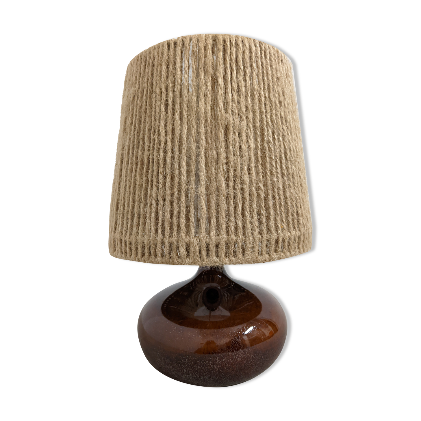Vintage bedside lamp in enamelled stoneware and jute rope