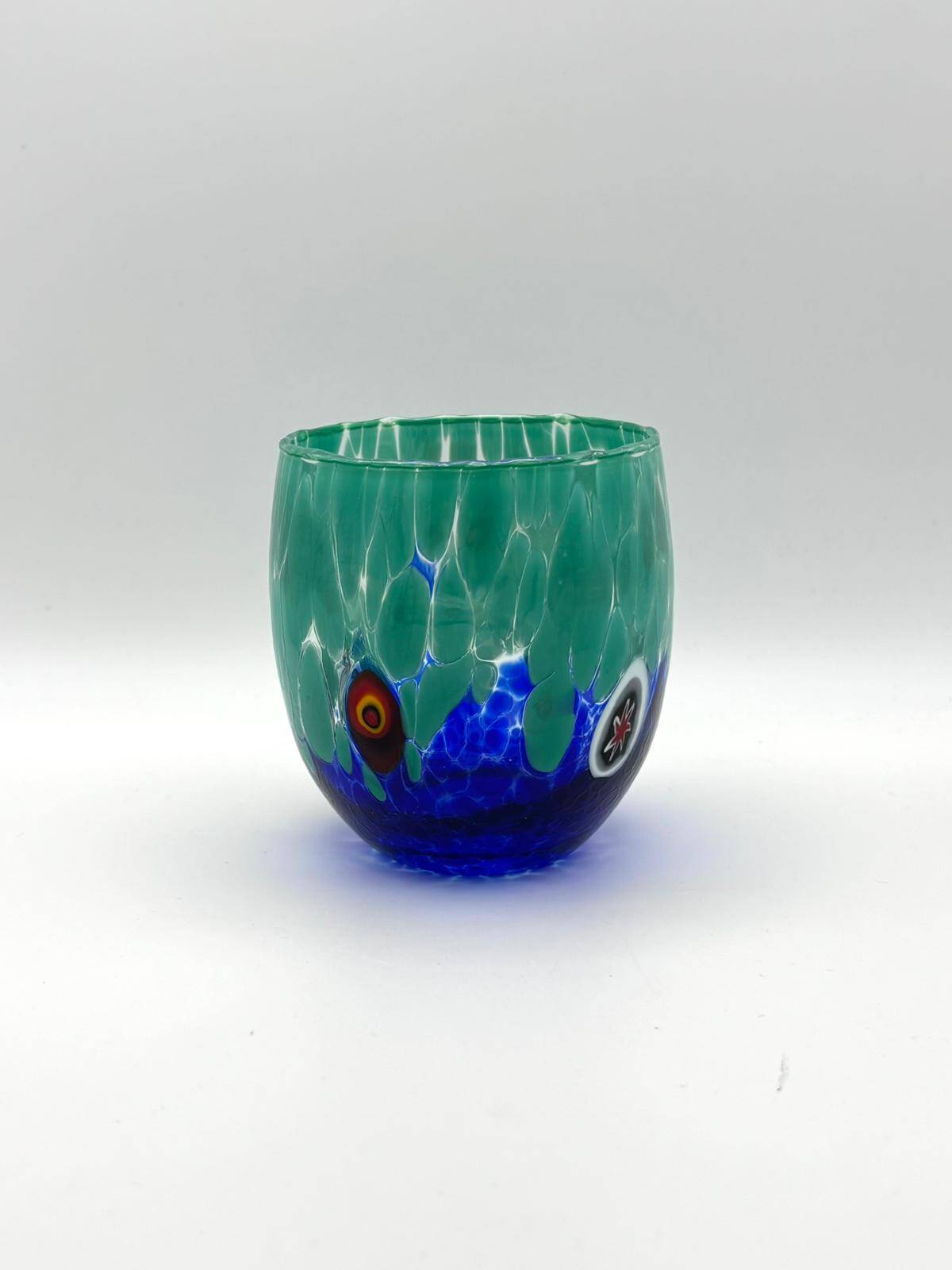 Set of 6 blown glass glasses from Venice with Effetre Murano murrine.