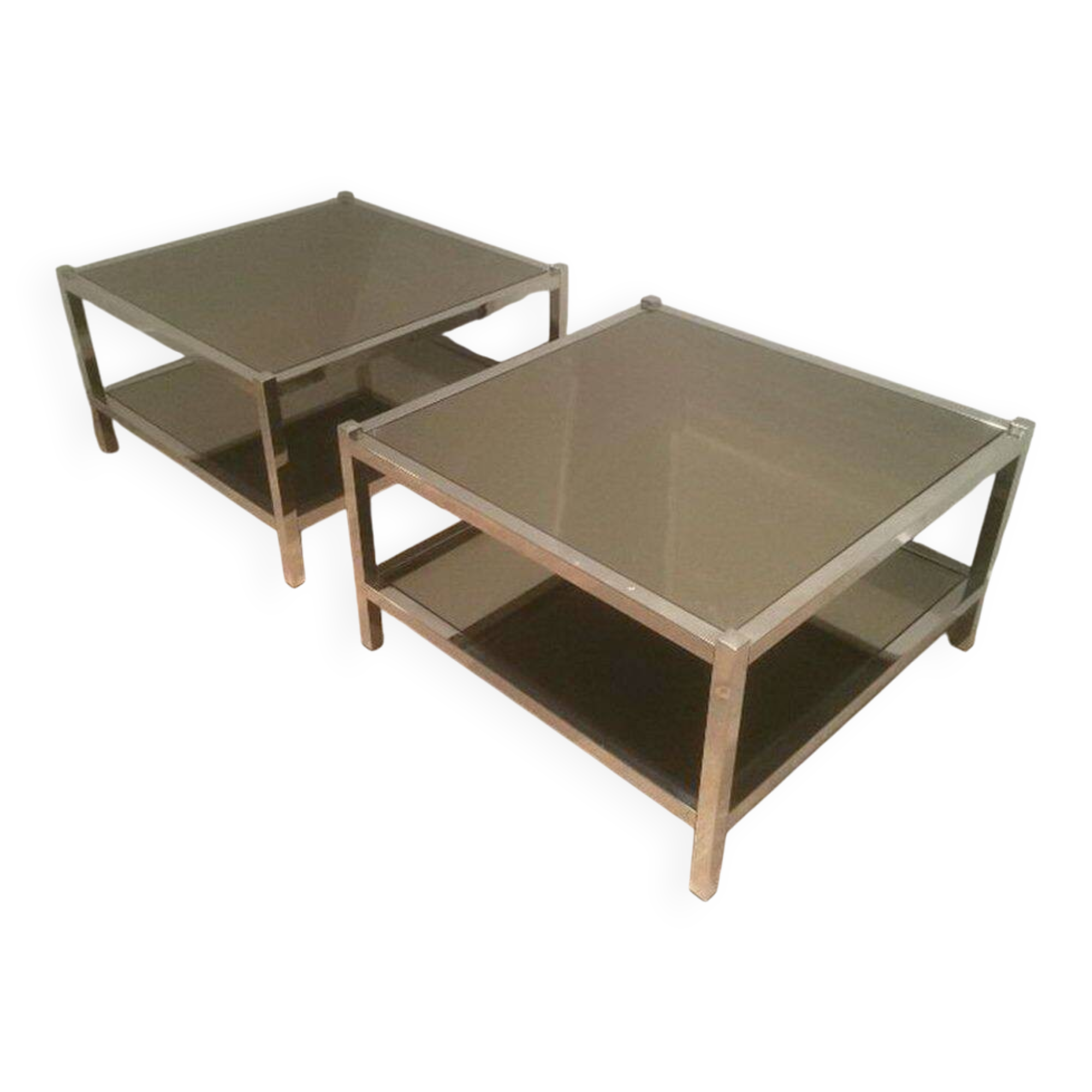 Pair of large side tables in chrome and bronze mirrors