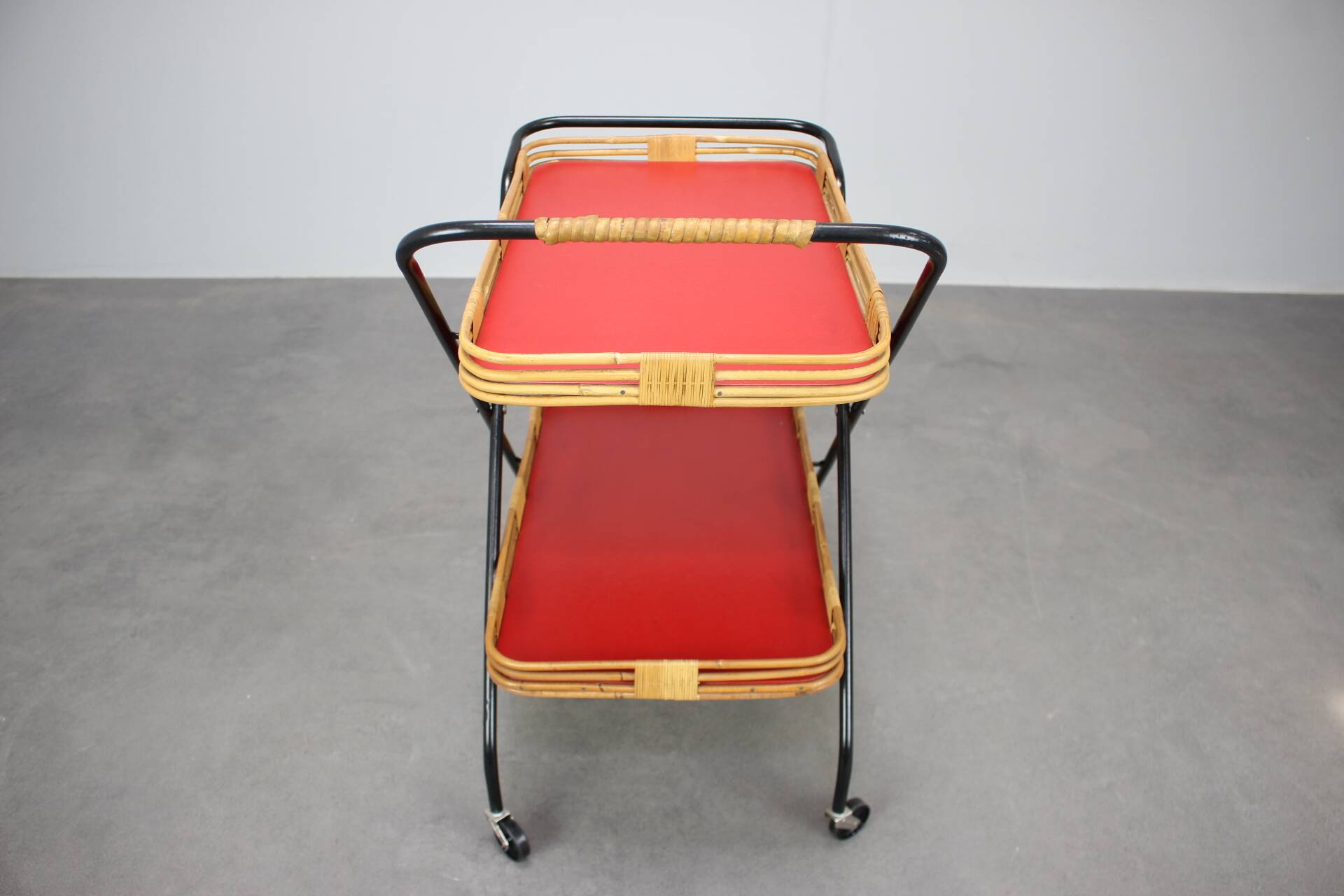 1960s Czechoslovak Mid-Century Folding Bamboo Serving Trolley Bar Cart