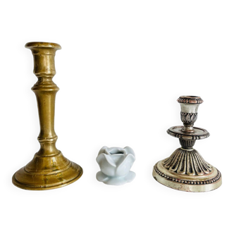 Candle holders porcelain brass and silver vintage