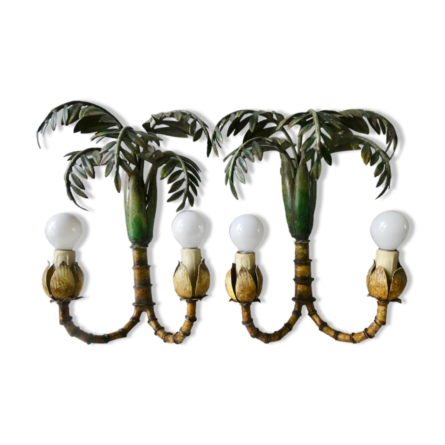 Pair of bamboo and palm sconces in metal
