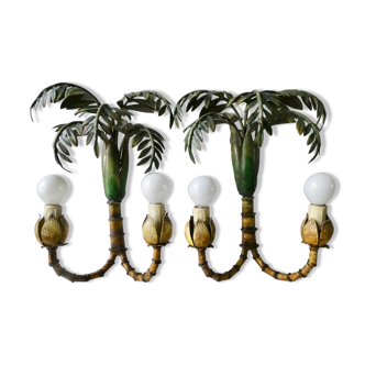 Pair of bamboo and palm sconces in metal