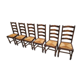 6 chaises de style rustique en bois massif avec assise paillée