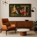 Large Aubusson wool tapestry – “Fighting Cocks” – 140 × 80 cm