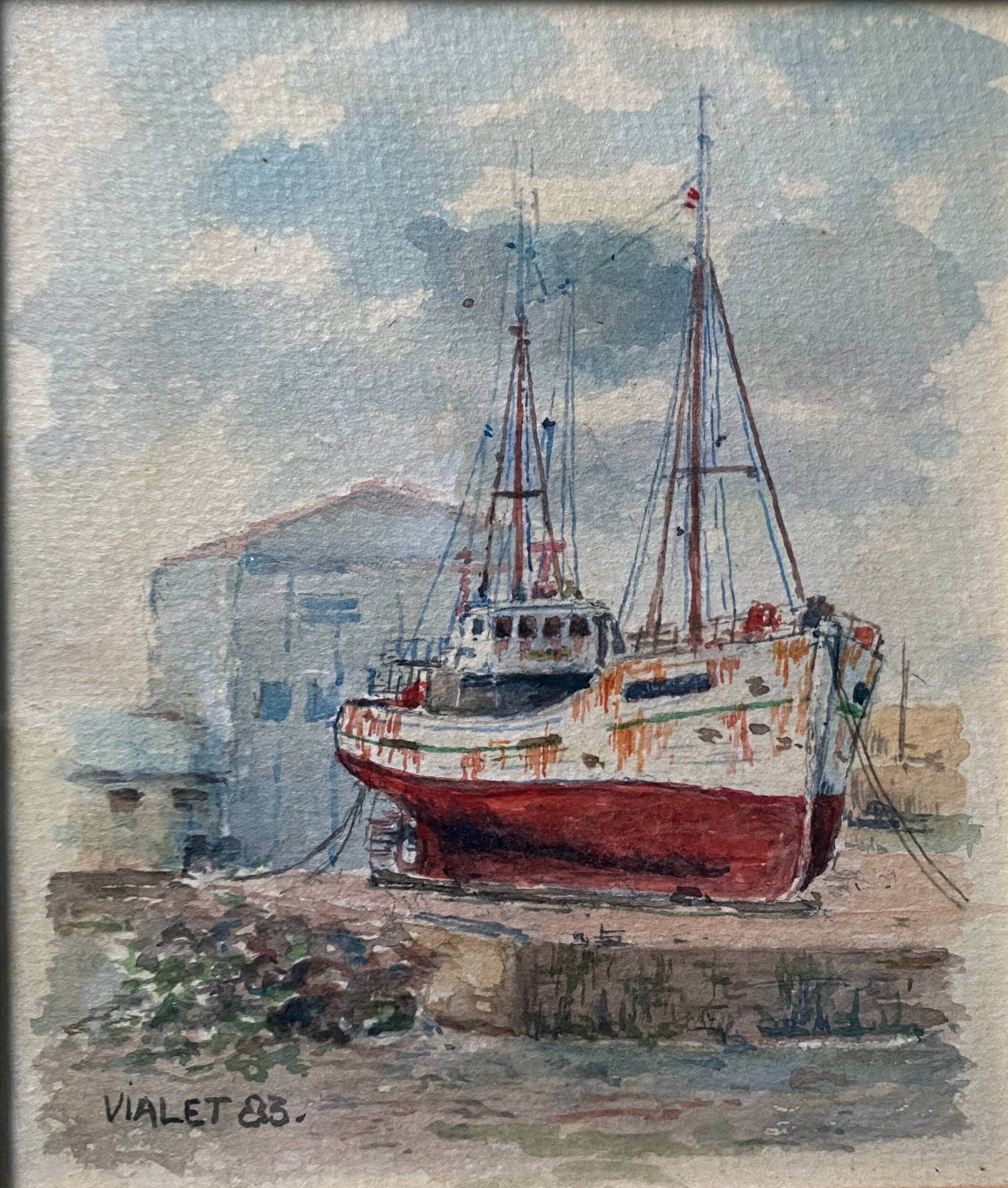 Watercolor painting "trawler in cable" signed vialet (19)83 + frame