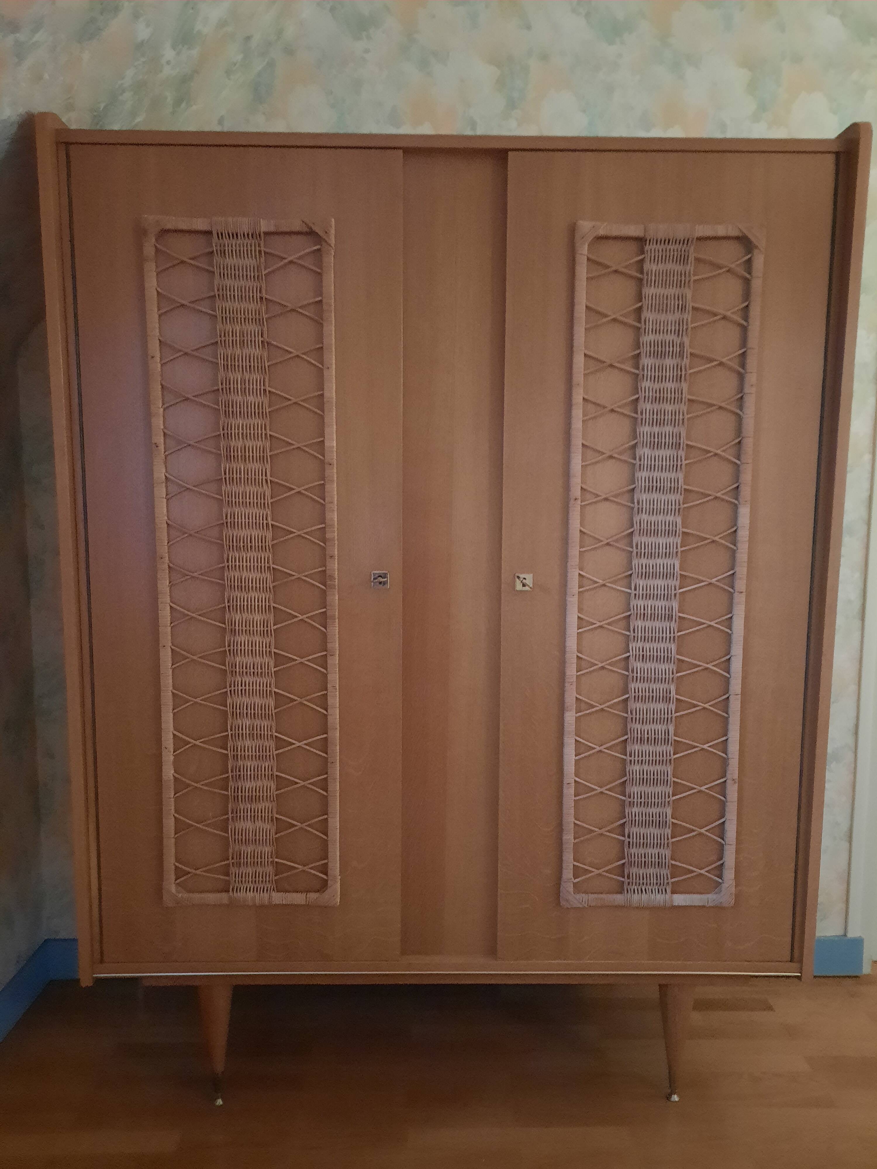 Oak and woven rattan wardrobe 60's vintage