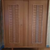 Oak and woven rattan wardrobe 60's vintage