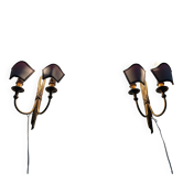 Pair of two-headed wall lights in fabric and brass, mid-20th century, 1960, Italy.