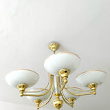Lustre vintage en laiton & verre opalin – 5 branches – 60 × 54 cm