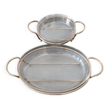 2 glass dishes with silvered steel frames from the 1960s, very good quality.