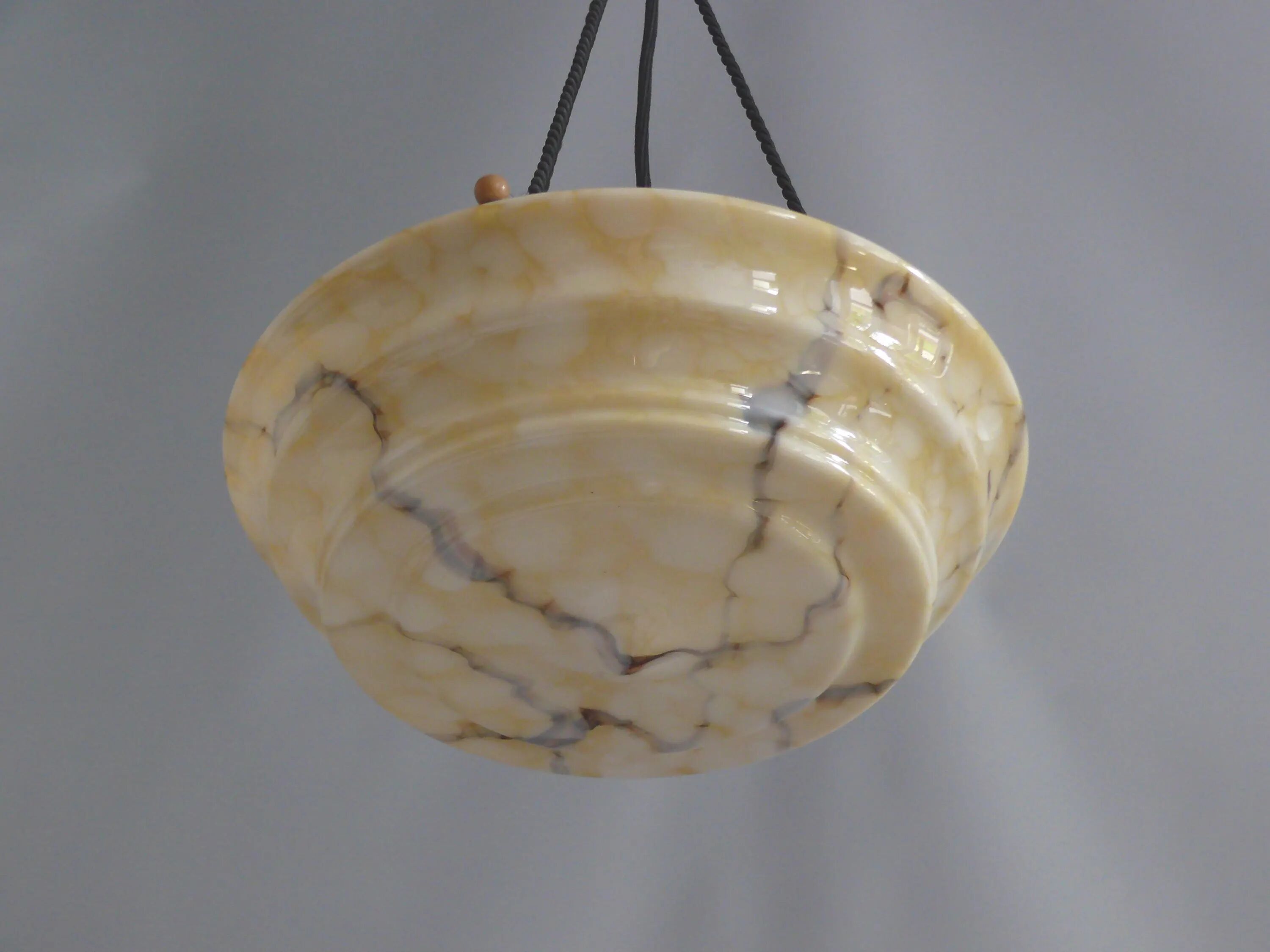 Large Art Deco Glass Pendant Light, Marbled with Rope Suspension, 1920s - 1930s