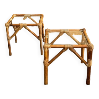 Tables de chevet en bambou et plateau verre années 70