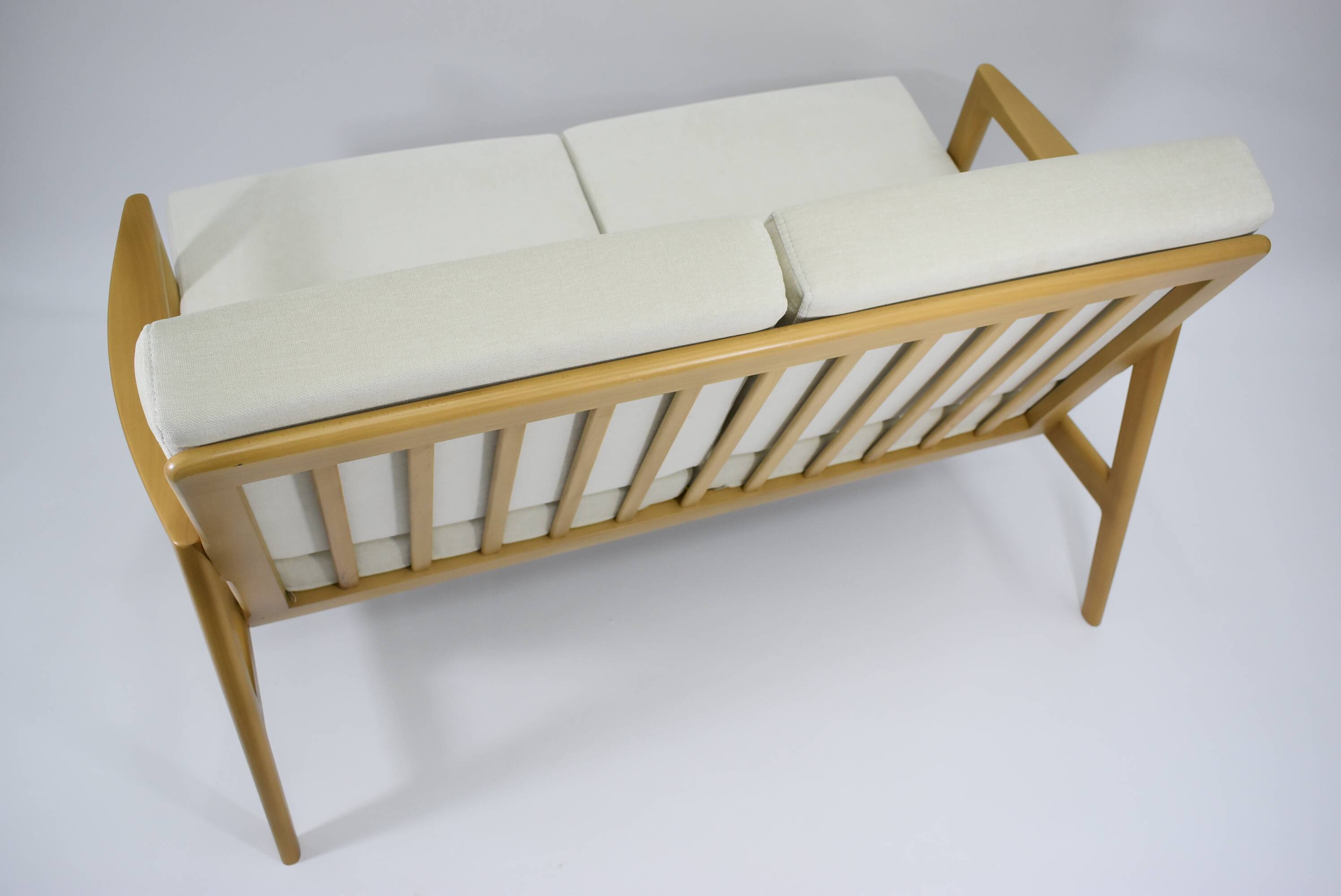 Original restored two-seater Sofa, cream, teak, 1960s