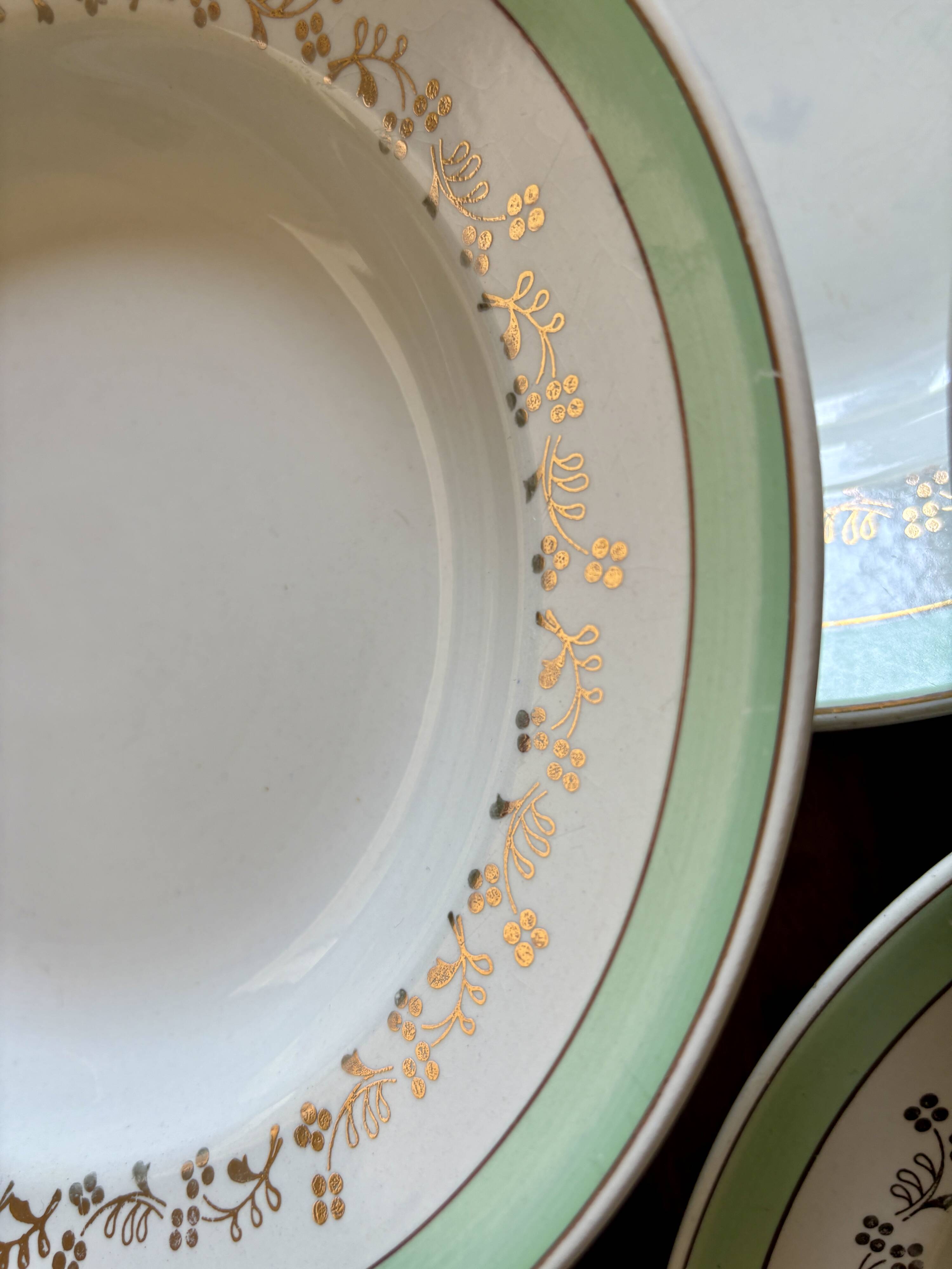 Set of 12 white, mint and gold soup plates, Mosèle de Luné model