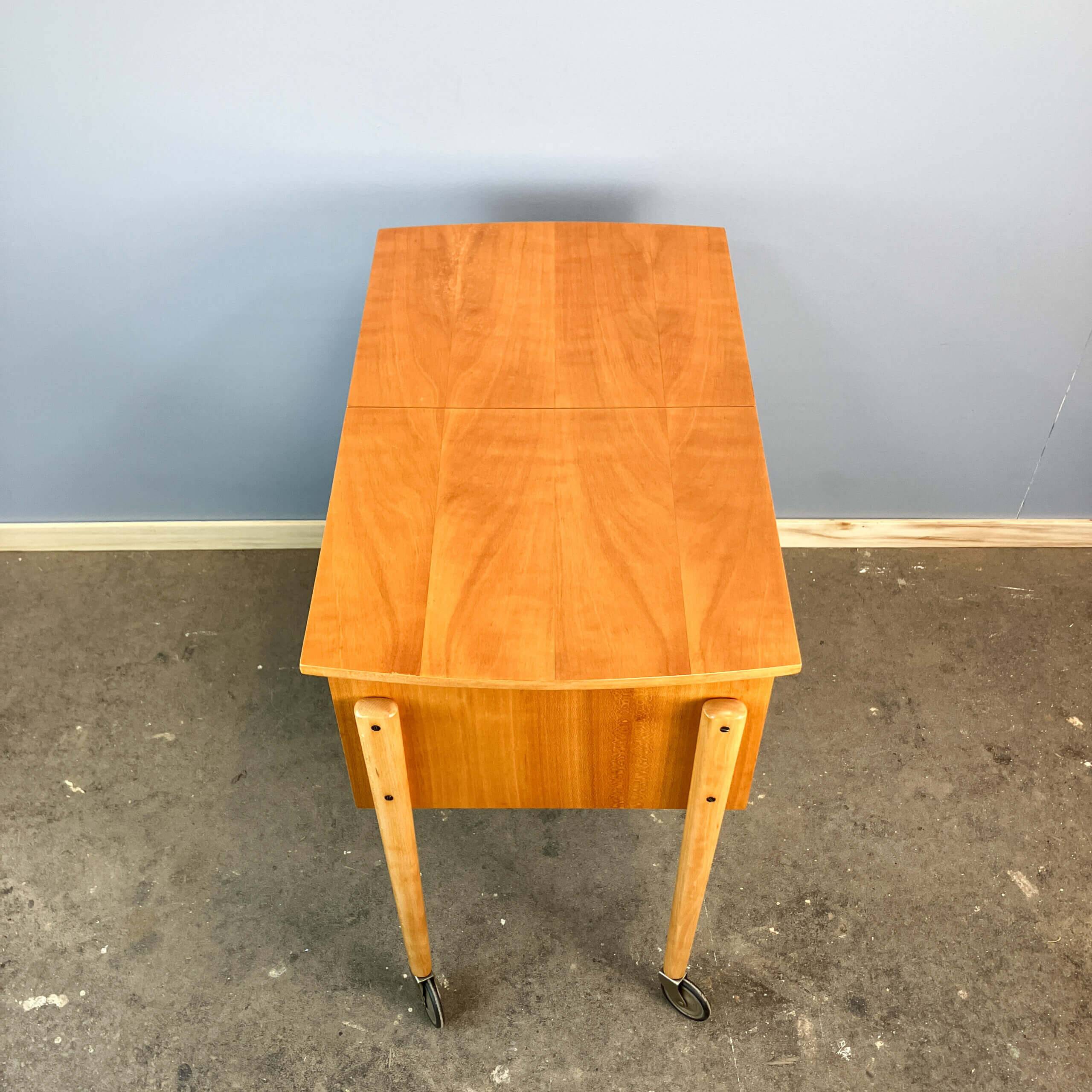 Wheeled sewing box, pear wood, beech, wicker, 1960s