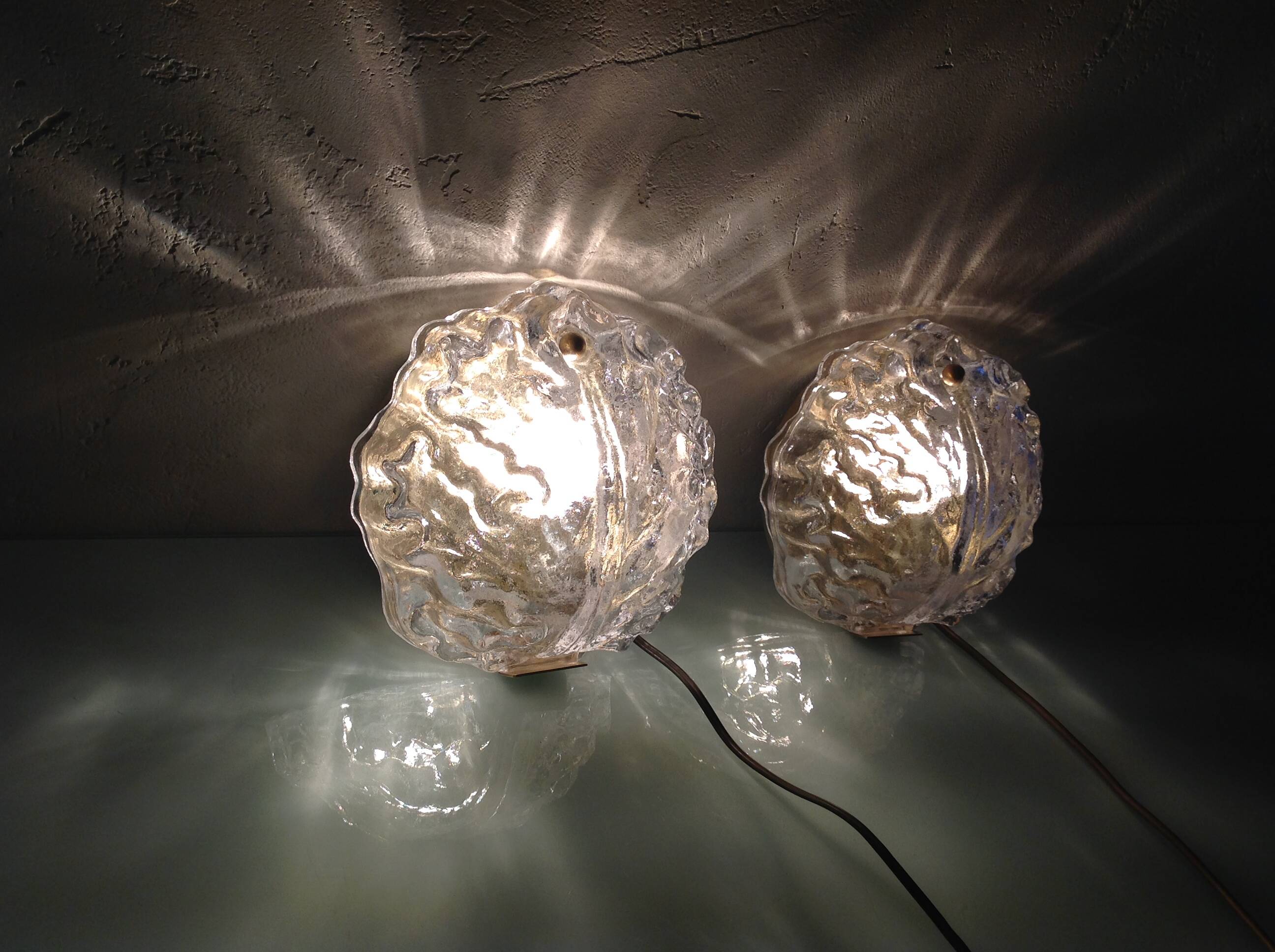 Pair of ice glass and brass wall lights by Limburg / vintage 60s-70s