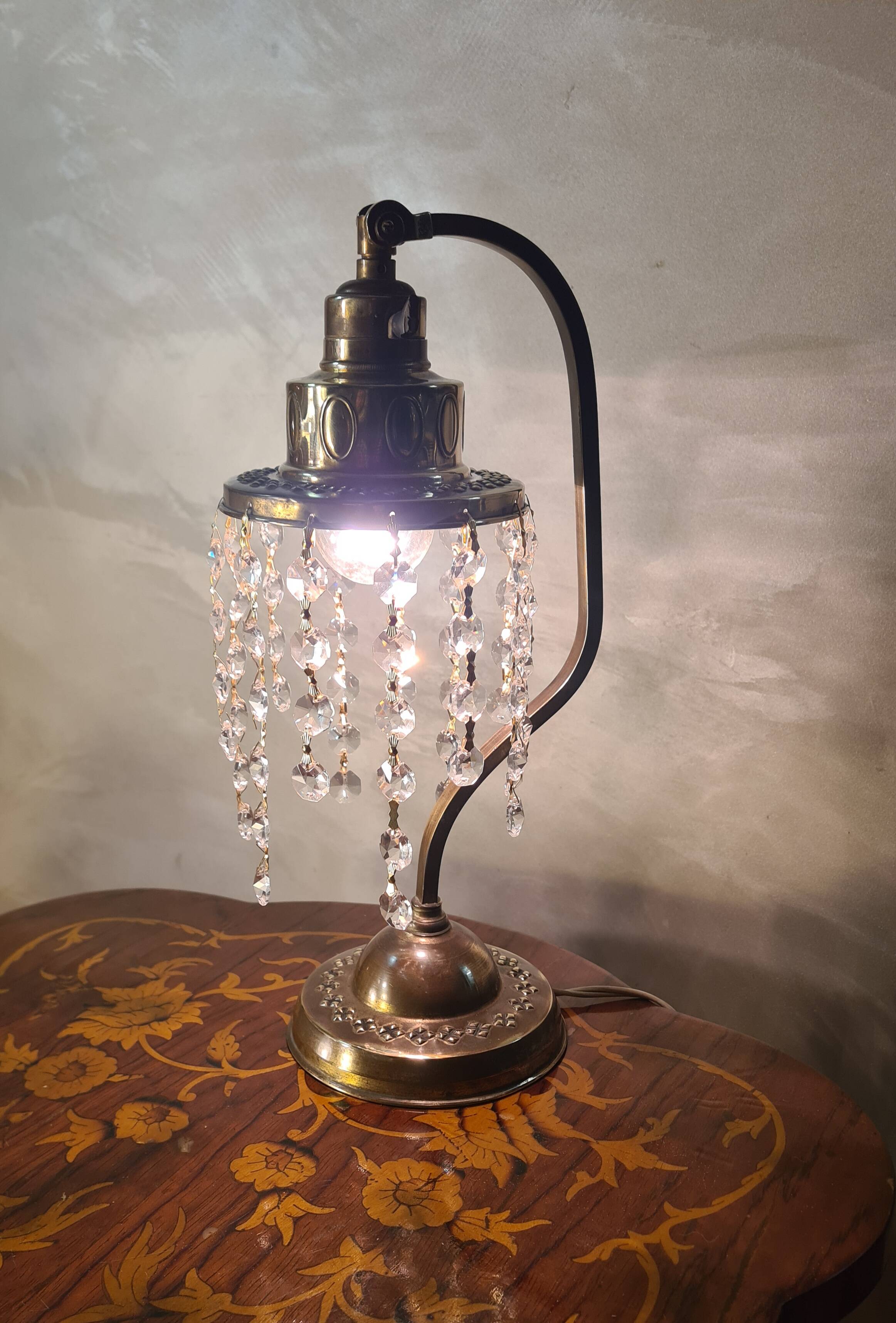 antique brass lamp with crystal pendant 33x14 slight signs of wear