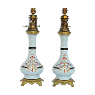 Pair of blue opaline kerosene lamps