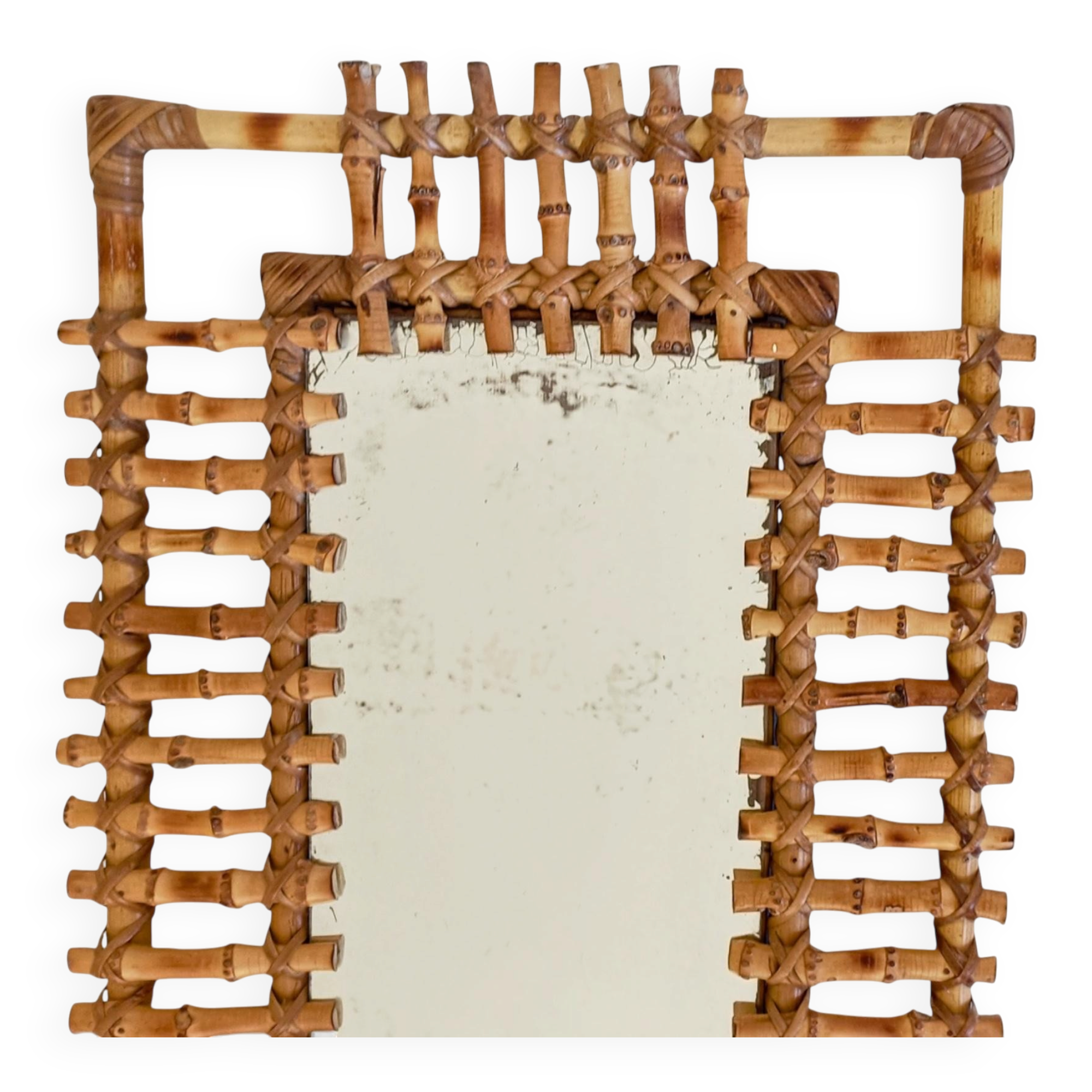 Mid-Century Bamboo & Rattan Mirror With Patina, French Riviera Style, 1950s