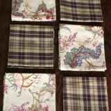 6 brown checkered table napkins with vintage flowers