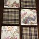 6 brown checkered table napkins with vintage flowers