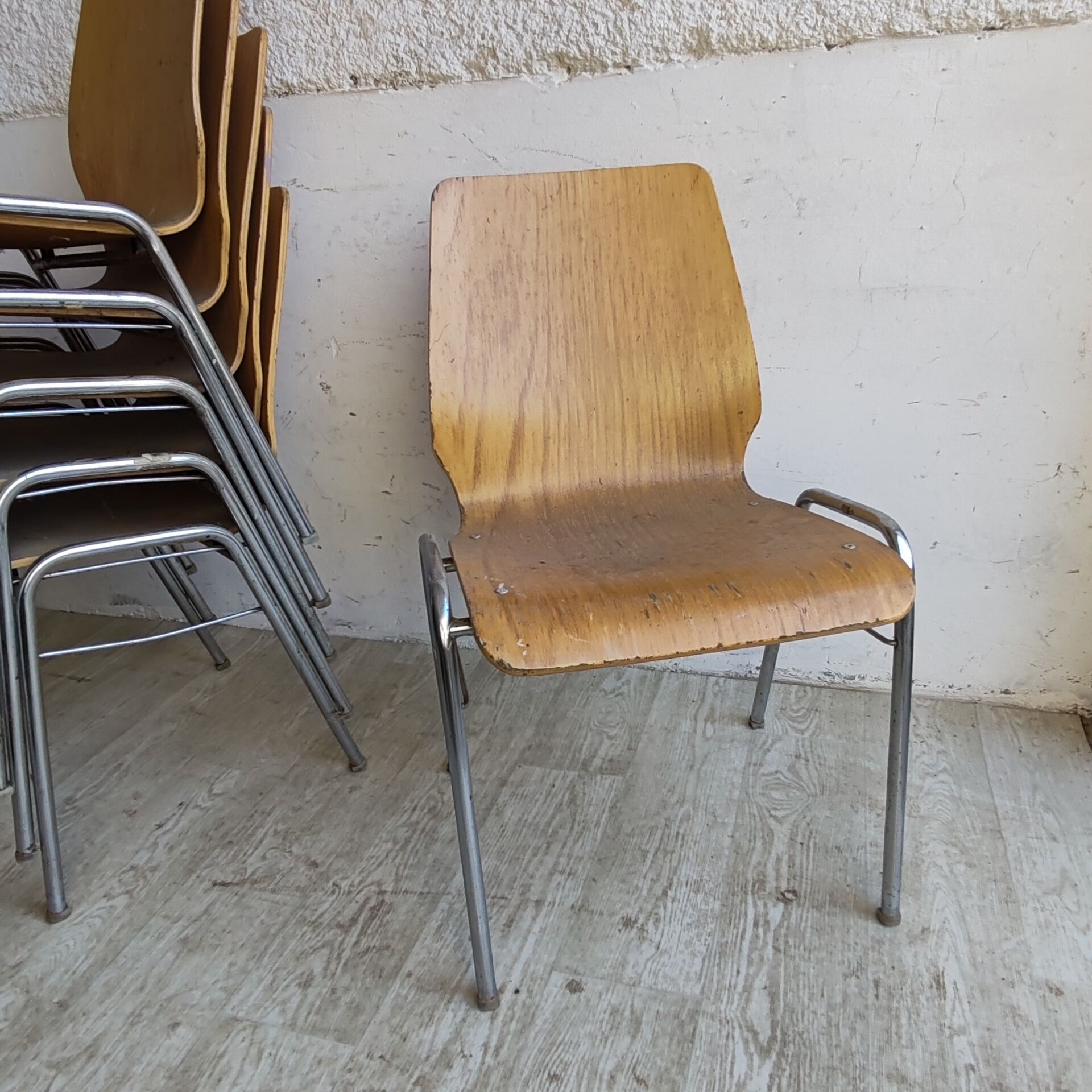 Set of 6 Vintage Bentwood Stacking Chairs Chrome Frame Mid Century
