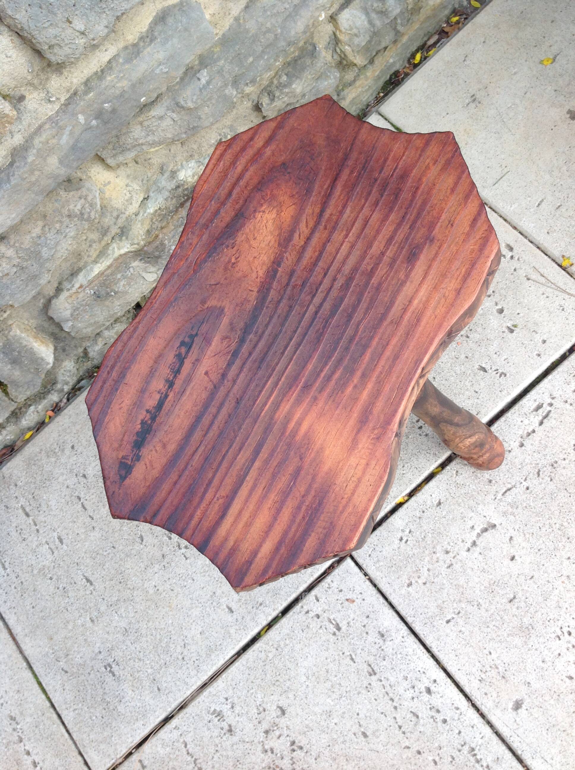 Vintage brutalist wooden tripod stool from the 60s and 70s