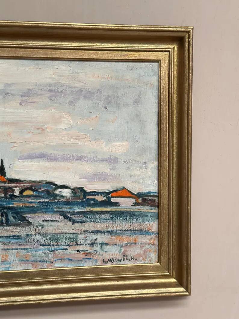 Original Swedish Oil on Panel – "Uppsala" by Gusten Widerbäck – Signed – Dated 1965 (on the back) – Framed – 38 × 43 cm
