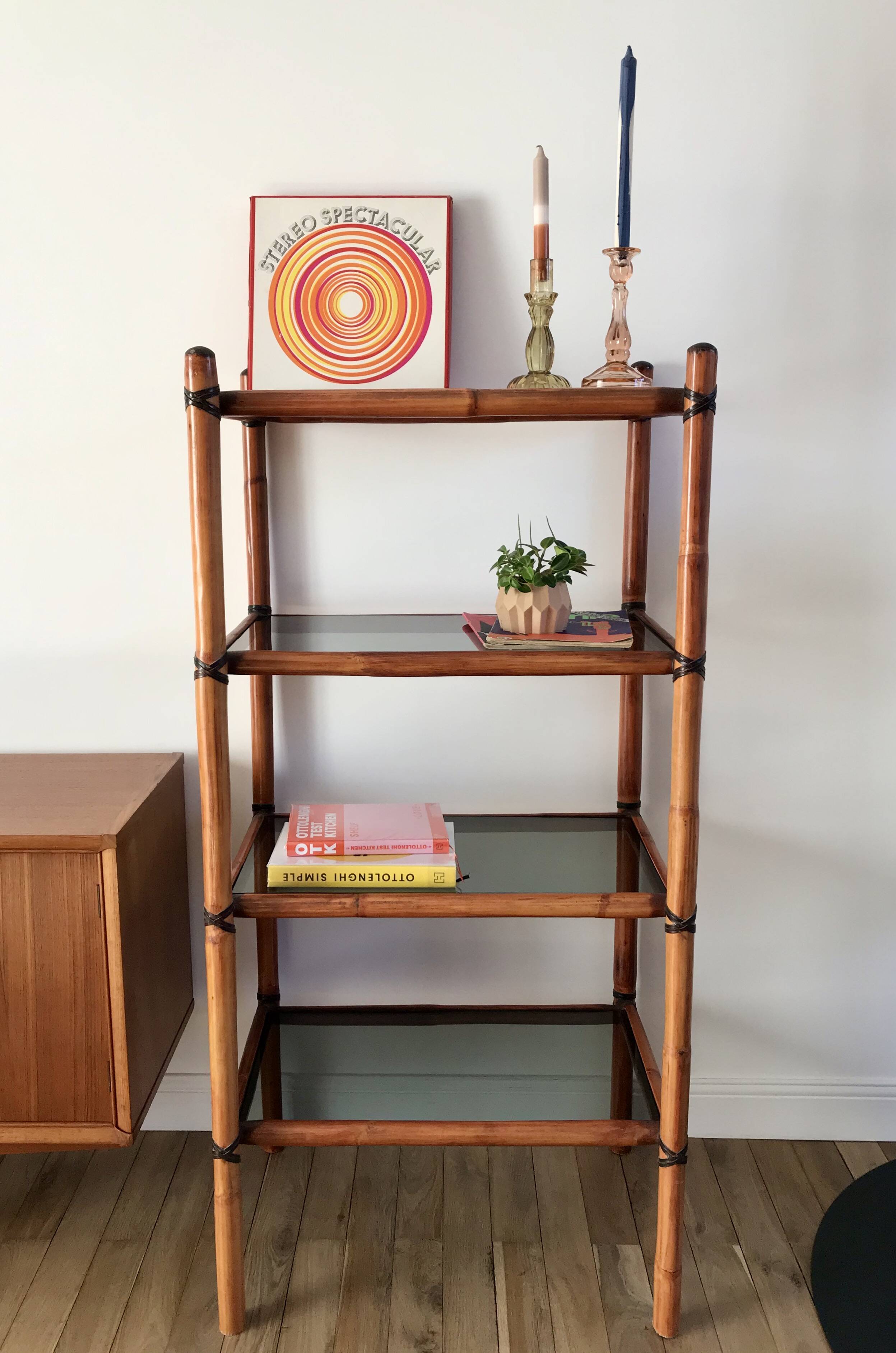 Large rattan shelf, leather strips and smoked glass 70s-80s