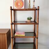 Large rattan shelf, leather strips and smoked glass 70s-80s