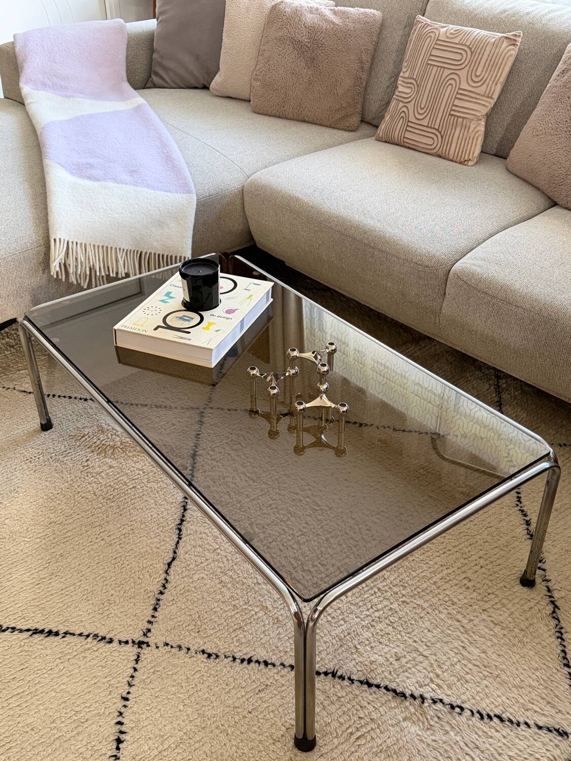 Ancienne table basse chrome et verre fumé vintage