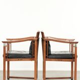 Black leather set of 2 Art Deco design dining/side chairs with armrests