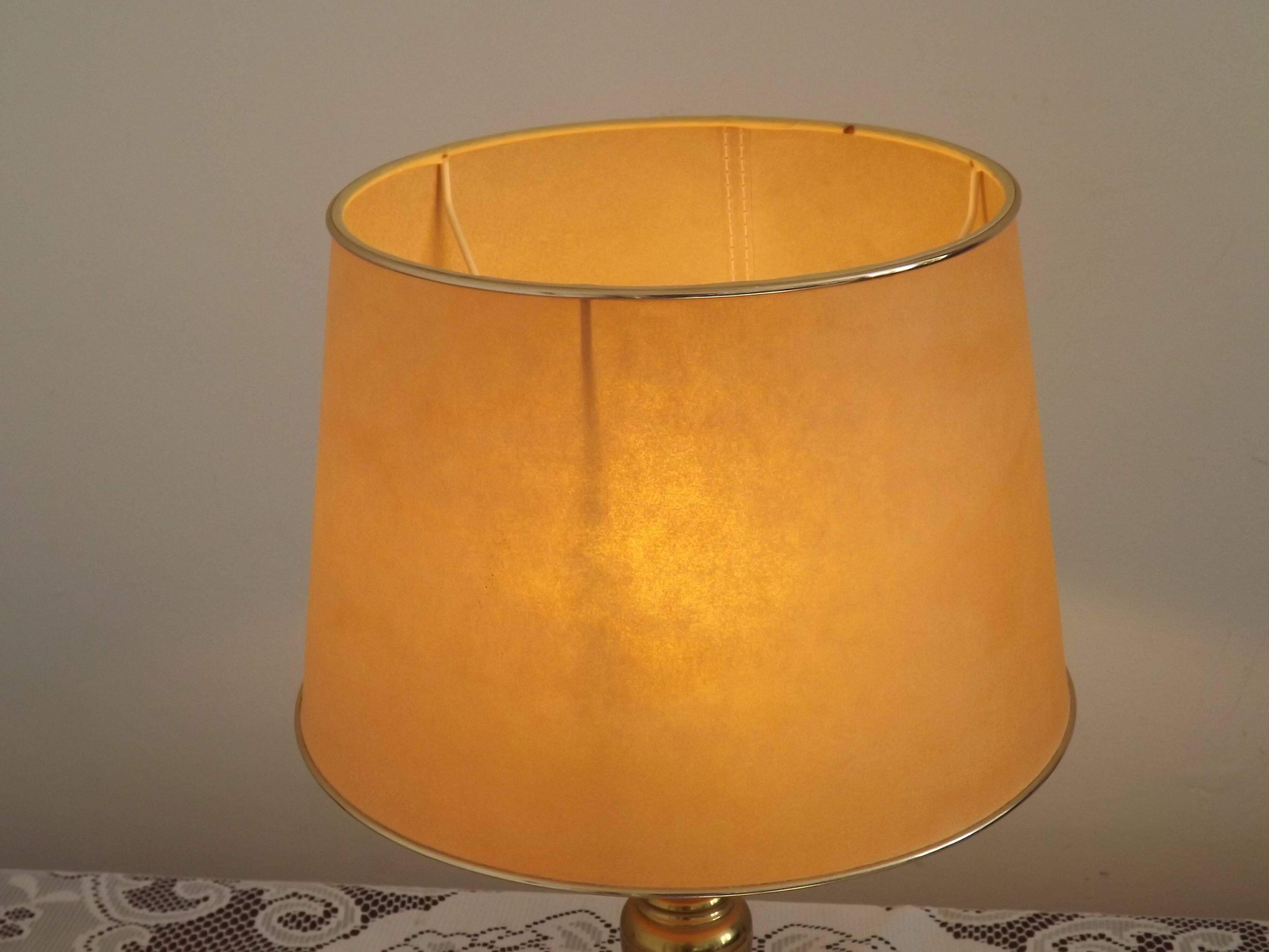 Vintage French Round Brass Table Lamp With Beige and Gold Shade