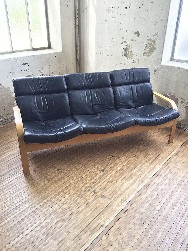 Danish sofa and armchairs curved wood and leather