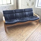 Danish sofa and armchairs curved wood and leather