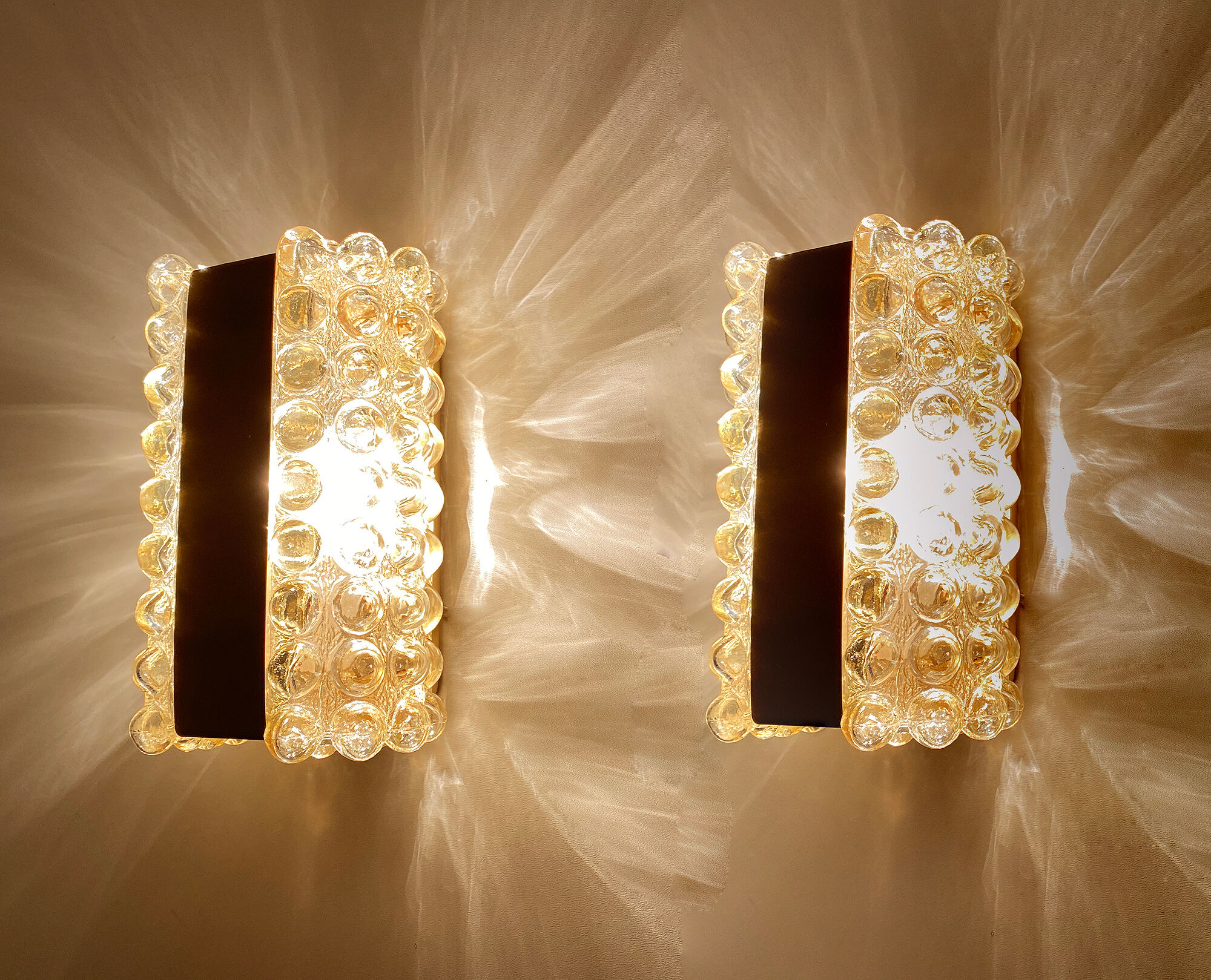 Pair Apliques Vintage Limburg, Golden Bubble Glass, 70s