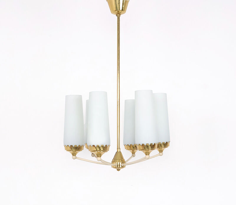 Vintage 6-arm chandelier in brass and milk glass, 1960s
