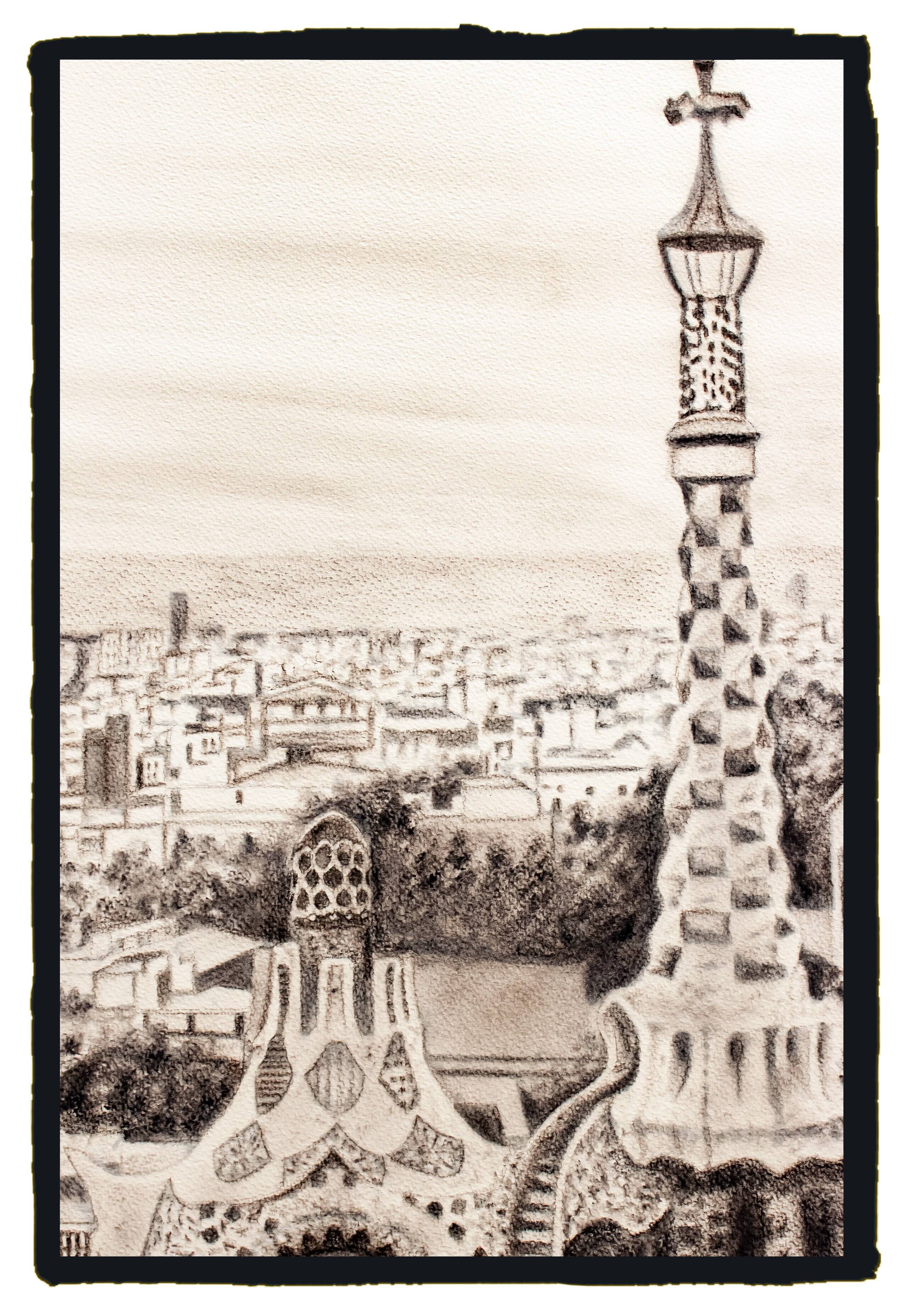 CHARCOAL DRAWING OF BARCELONA VIEW OF PARK GUELL. CITYSCAPE OF BARCELONA.