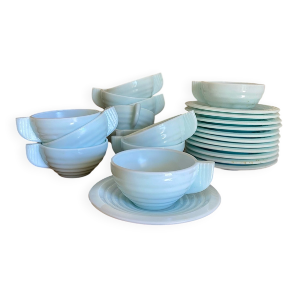 Service à café art déco en opaline bleu