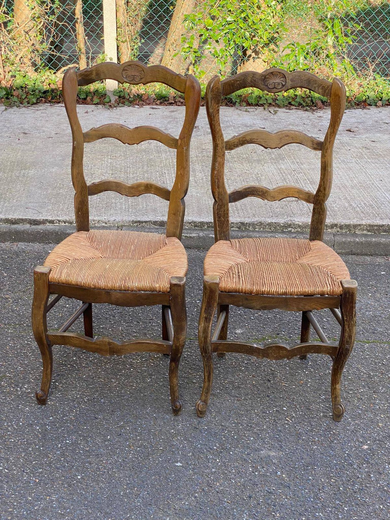 2 solid oak carved and rush-seated chairs in the Louis XV style from the 19th century.