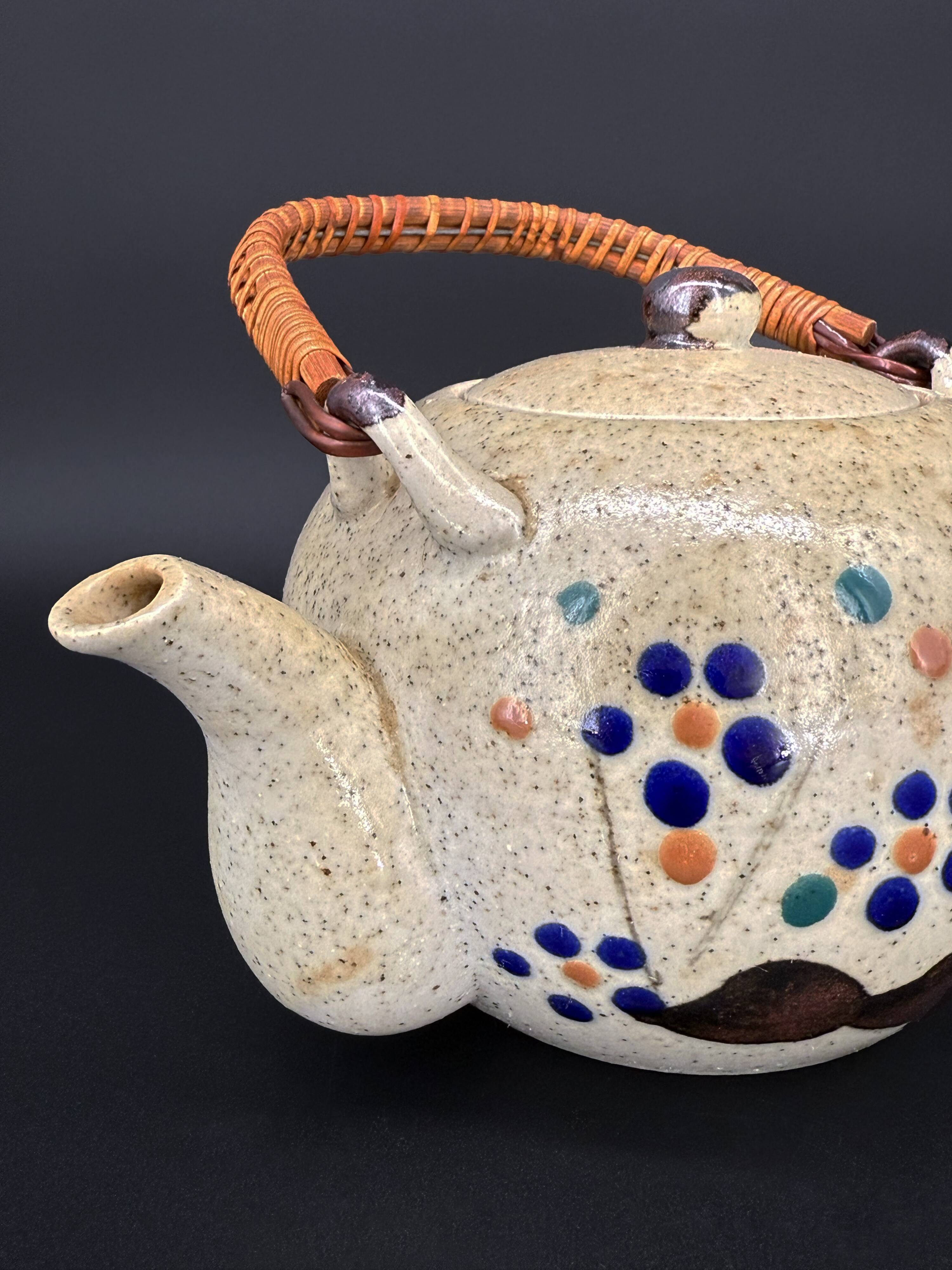 Vintage Japanese speckled stoneware teapot with bamboo handle