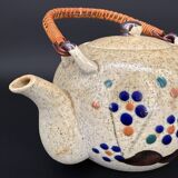 Vintage Japanese speckled stoneware teapot with bamboo handle