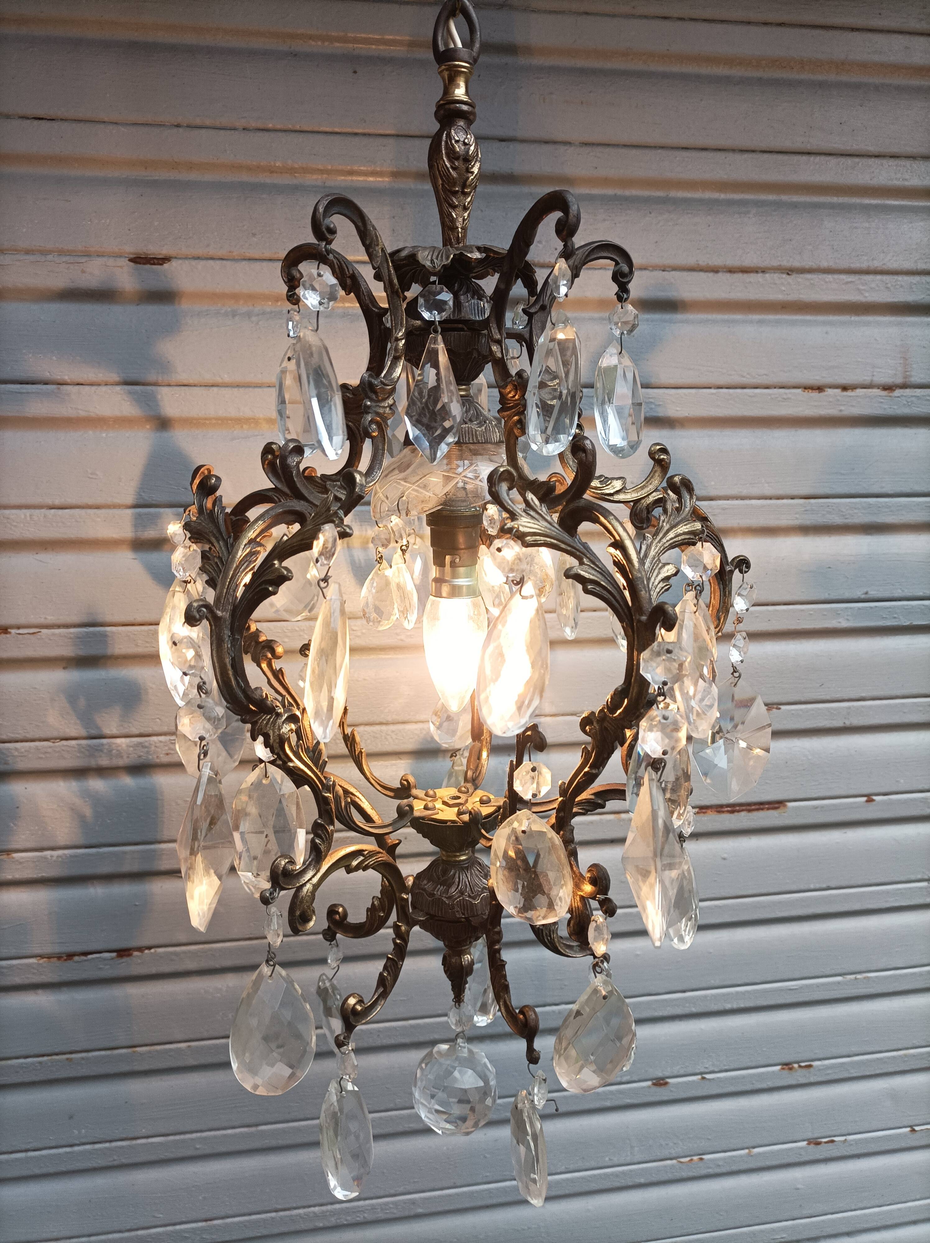 Rare old chandelier / lantern in patinated bronze, Louis XV style / working condition