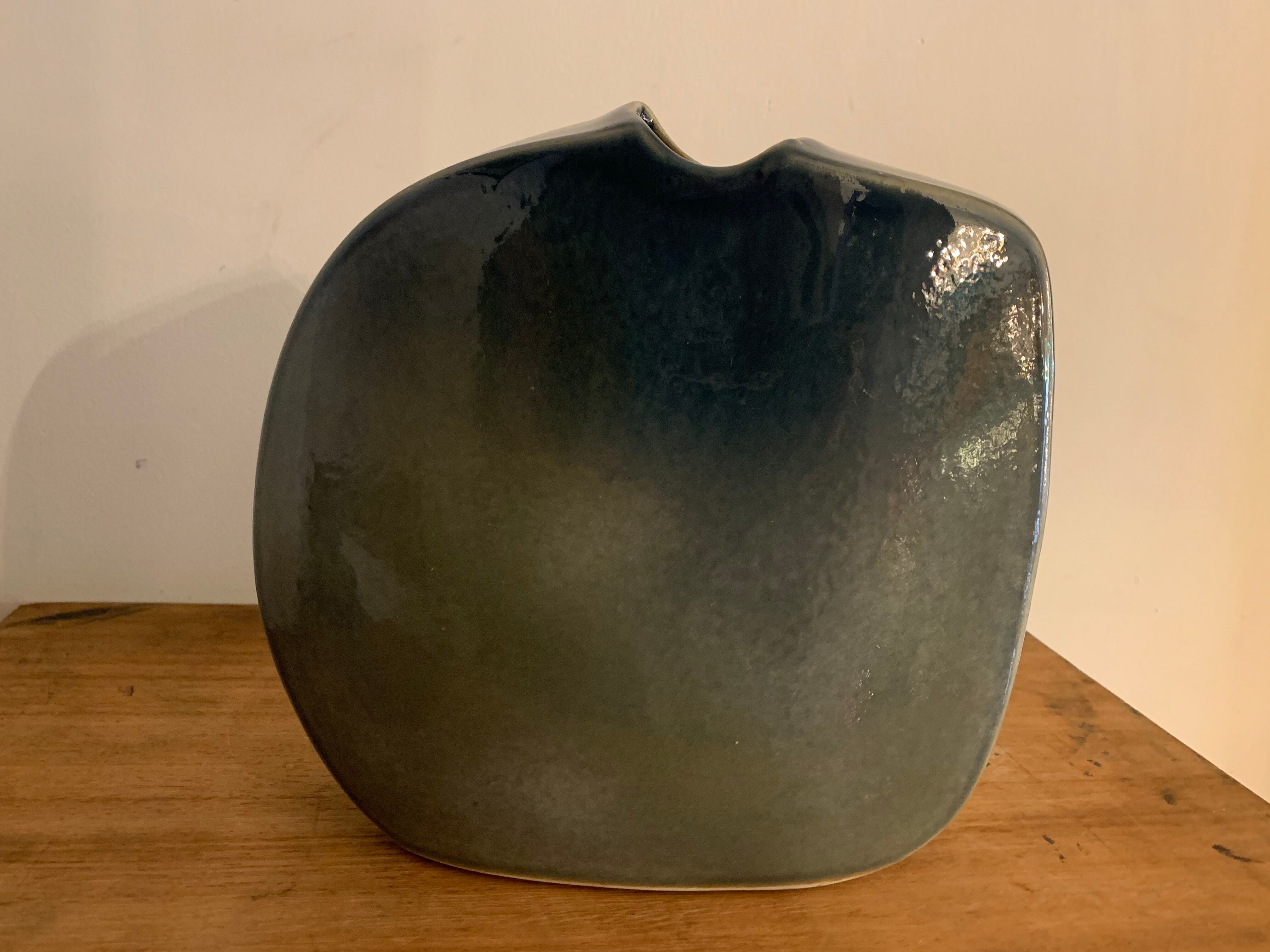 Yves Mohy grey porcelain blue lens vase for Virebent 1970