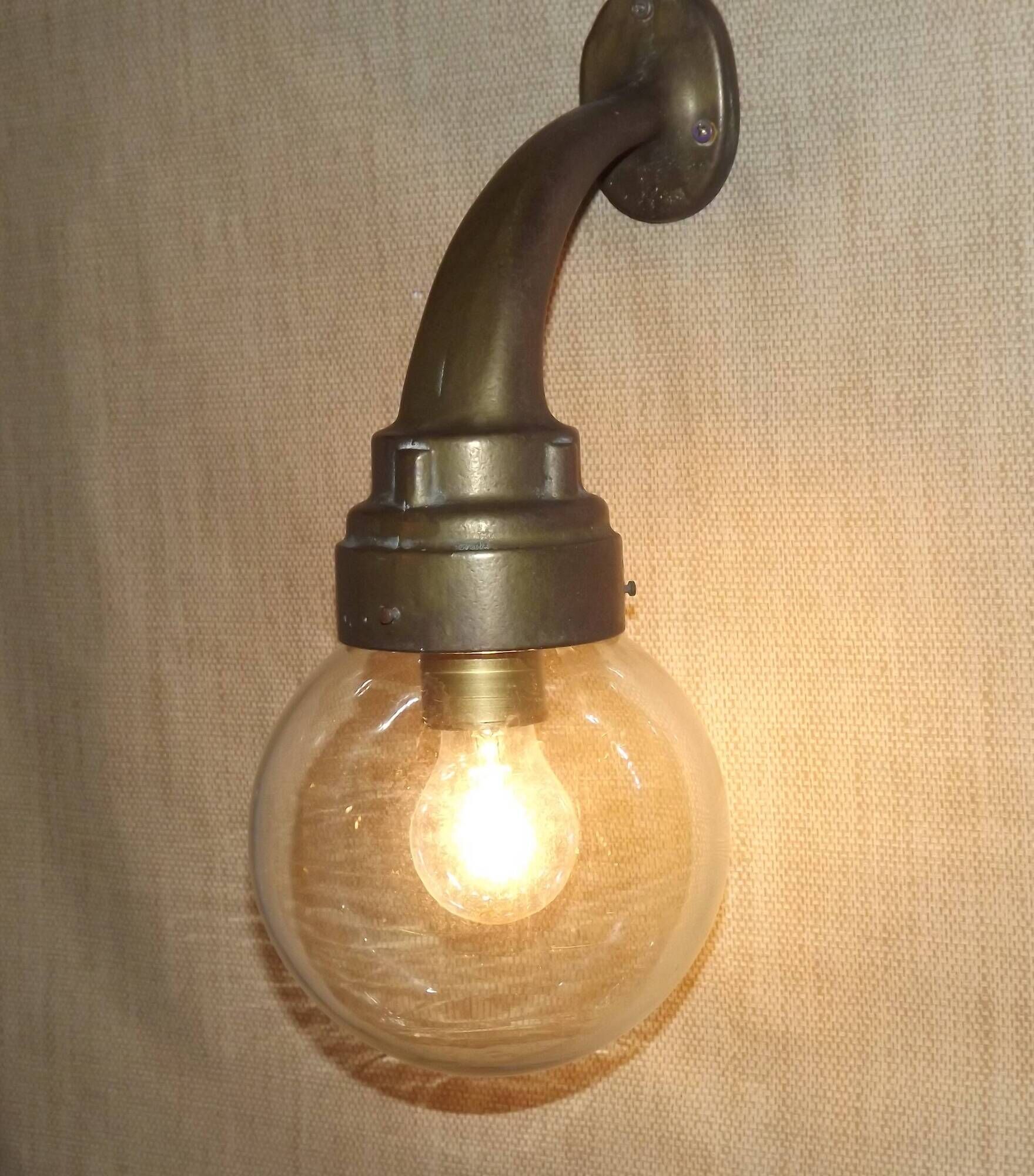 Old French Heavy Cast Bronze Marine Nautical Wall Light Glass Ball Shade 5101
