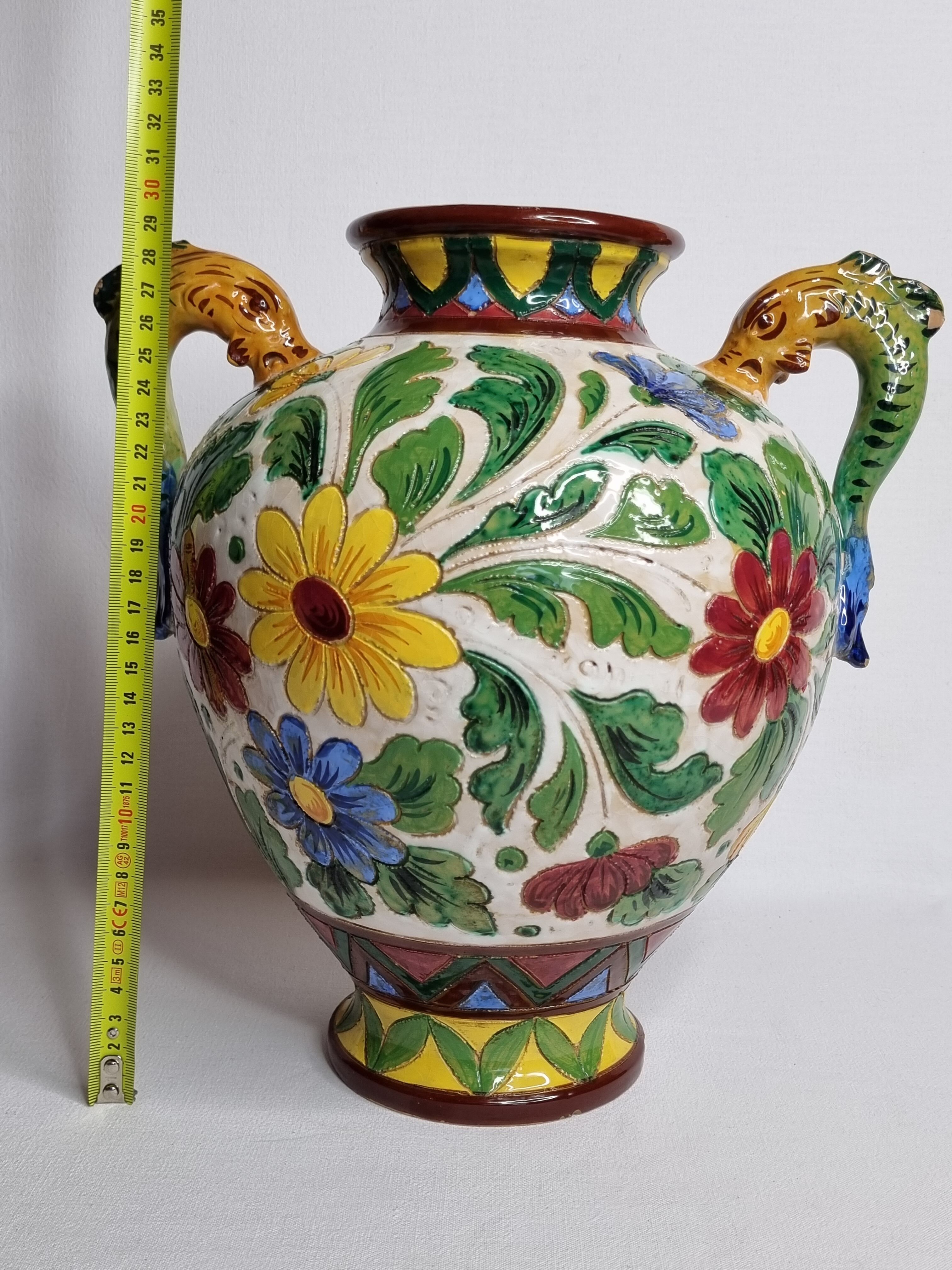 Vase with two handles "dolphins" decorated with flowers, Italy, 30 cm