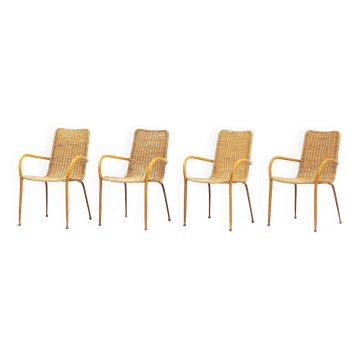 Set of 4 vintage Italian wicker and birch armchairs, mid-century modern style, 1950.