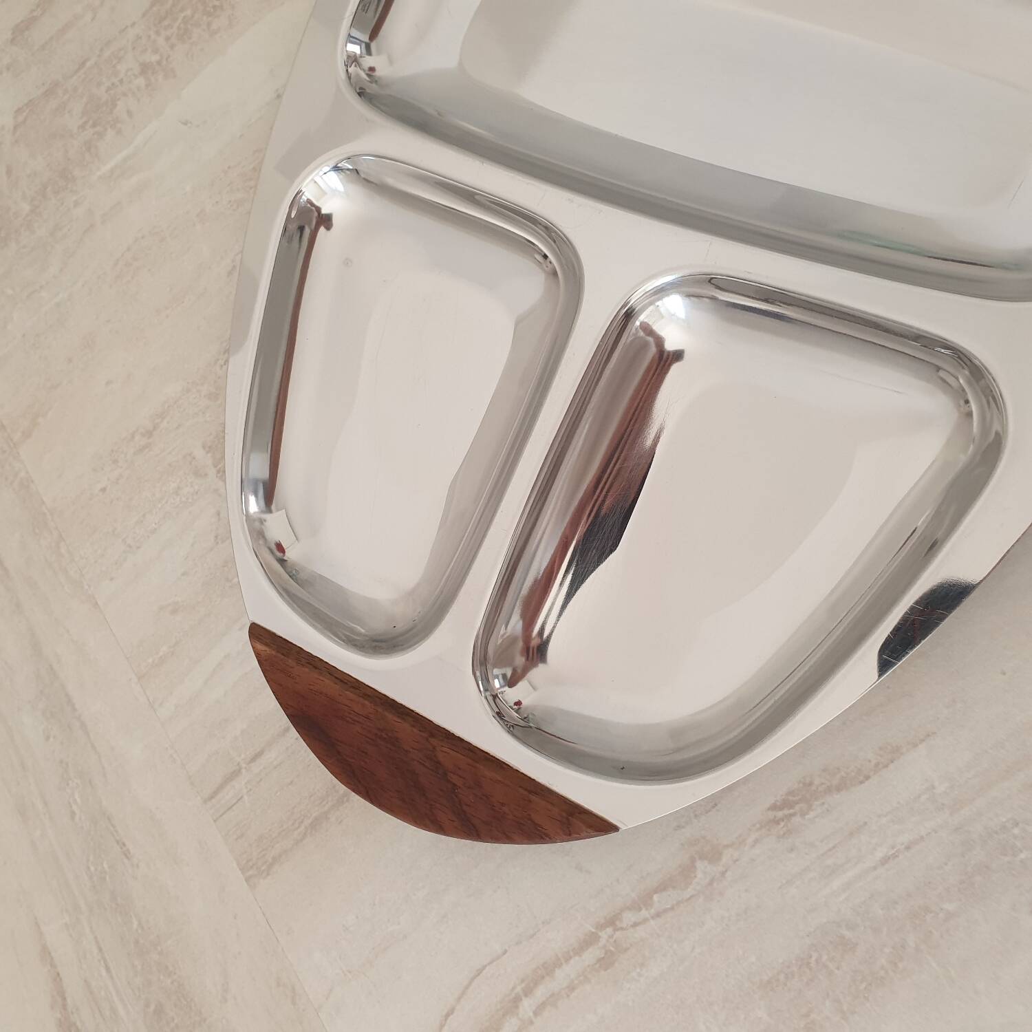 Plateau inox 18/10 poignées en bois multi compartiment Vintage