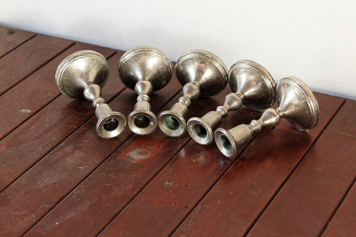 Set of 5 silver metal candle holders